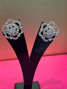 Gold and Clear Crystal Floral Stud Earrings - Women Jewelry
